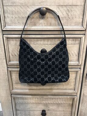 Gucci GG Velvet Hobo Shoulder Bag Black Monogram Silver Handle Authentic